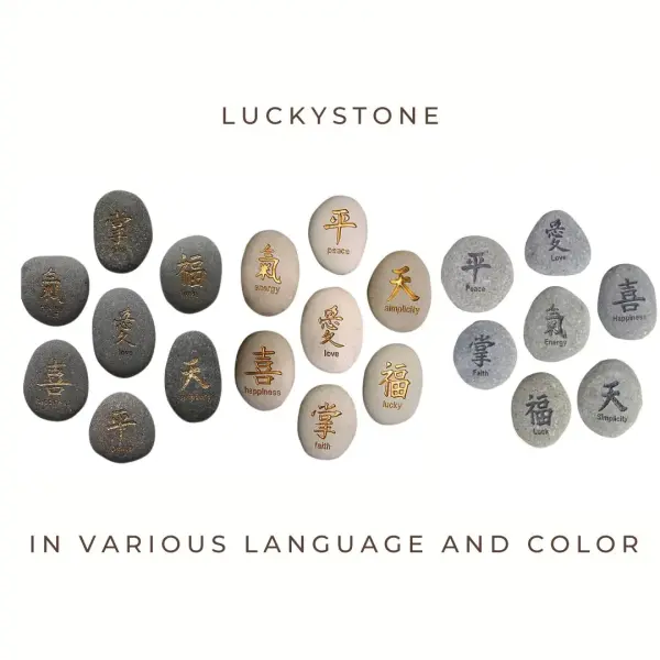 Product image 1 of the product “Luckystone - Chinese sign, Set of 7. Text in German, English and French. In the color from Gray-Gold, Black-Gray, and White-Gold ”
